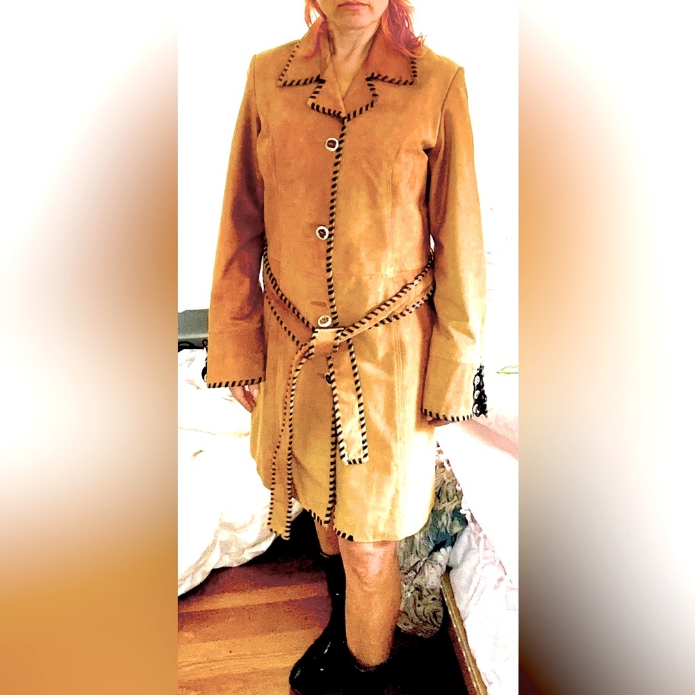 Boutique 60s Suede Rockstar Coat w/belt Handmade Leather Stitching